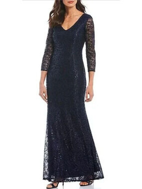 Marina Womens Lace Sequins V Neck Maxi Formal Dress Navy Blue Lined Size 14